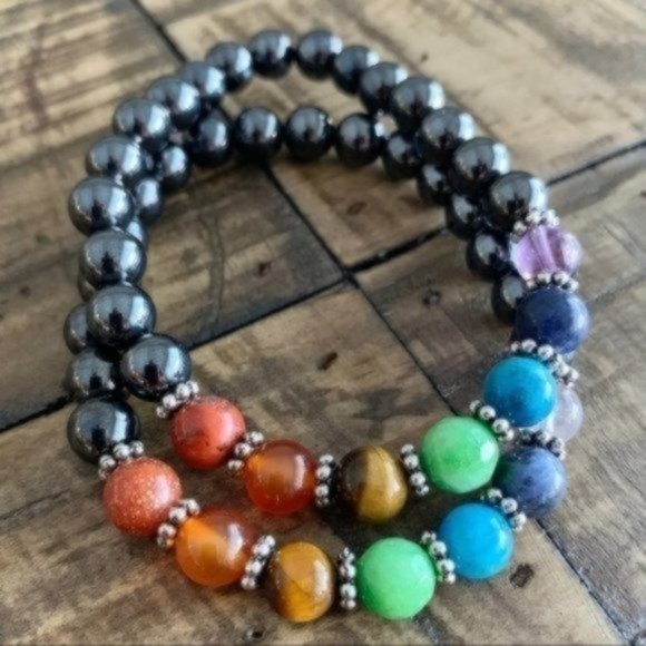 Goddess Zodiac Other - 2pc 7 Chakra Hematite Stretch Bracelet
